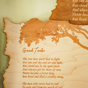 May include: Wooden wall art with the poem "Good Timber" etched into the wood. The artwork features a tree silhouette and a profile of a person. The poem is written in a serif font.