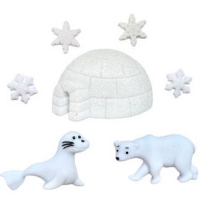May include: White felt polar bear and seal figurines, a white felt igloo, and four white felt snowflakes.