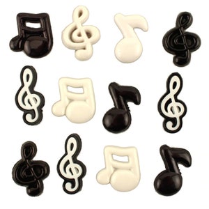 May include: Twelve black and white music note and treble clef buttons. The buttons are in a grid pattern with four rows and three columns. The buttons are all the same size and shape.