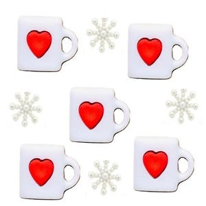 May include: White ceramic mugs with a red heart design are arranged with pearl snowflake accents. The mugs have a handle on the side. The image is on a white background.