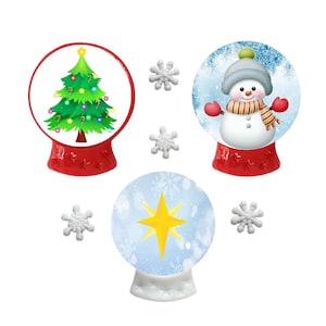 May include: Three snow globes with different winter scenes. One globe features a green Christmas tree with lights, another has a snowman with a red scarf, and the last one has a yellow star on a blue background.
