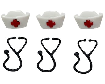 May include: Three white nurse hats with red crosses and three black toy stethoscopes.