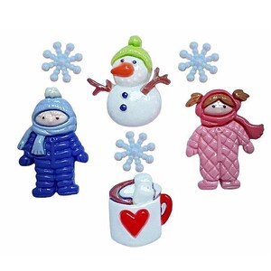 May include: A set of winter-themed buttons featuring a snowman, two children wearing winter clothes, snowflakes, and a mug of hot chocolate with marshmallows.