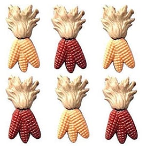 May include: Six plastic corn on the cob buttons in two colors: red and yellow. The buttons have a brown husk on top.
