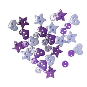 May include: Assortment of purple and lavender heart and star shaped buttons.