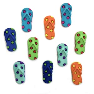 May include: Assortment of 10 colorful flip-flop shaped buttons with polka dot patterns. The buttons are made of plastic and have a flat back.