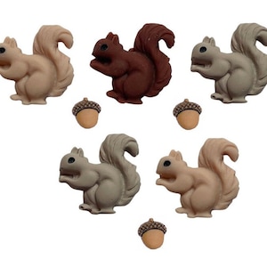 May include: Set of six resin squirrel buttons with acorn accents. The squirrels are in three colors: brown, beige, and gray.