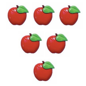 May include: Seven red apple-shaped decorative items with green leaves. The apples have a glossy finish and are arranged against a white background. The leaves are a bright green color.