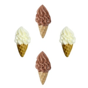 May include: Four miniature ice cream cones, two with chocolate ice cream and two with vanilla ice cream. The cones are made of a brown waffle material.