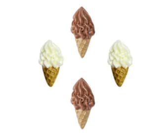 May include: Four miniature ice cream cones, two with chocolate ice cream and two with vanilla ice cream. The cones are made of a brown waffle material.