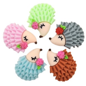 May include: Five colorful hedgehog-shaped resin embellishments with closed eyes, a flower, and a leaf on each. The hedgehogs are in shades of pink, green, blue, brown, and gray.