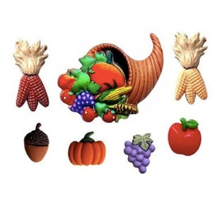 May include: A set of nine colorful fall-themed buttons featuring a cornucopia, pumpkins, grapes, apples, acorns, and corn.