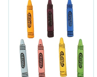 May include: Eight miniature crayon-shaped buttons in various colors, including yellow, blue, green, pink, and purple. Each button has the word "CRAYON" embossed on it.