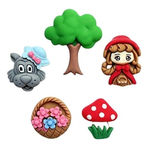 May include: Five colorful felt appliques featuring characters from the fairy tale Little Red Riding Hood. The appliques include a red hooded girl, a gray wolf, a green tree, a brown basket with pink and blue flowers, and a red mushroom with white dots.
