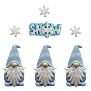 May include: A collection of winter-themed embellishments, including three blue gnomes with glittery white beards, three glittery snowflakes, and a blue and white "SNOW" word design. These decorative elements are perfect for craft projects.