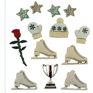 May include: A set of 12 winter-themed buttons featuring a red rose, a white hat with snowflakes, two pairs of white ice skates, two white mittens with snowflakes, a silver trophy, and four gold stars with blue and white accents.