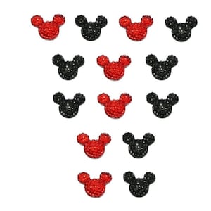 May include: A set of 12 black and red rhinestone Mickey Mouse head embellishments.