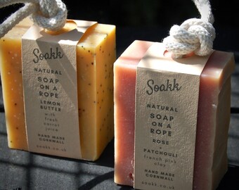 natural soap on a rope handmade soap bars / vegan soap cornwall uk 100% plant oils & essential oils