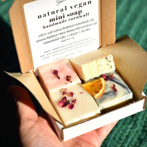 May include: A selection of natural vegan mini soaps, handmade in Cornwall, presented in a box. The soaps are in various colors and textures, some with dried petals and a dried orange slice. The box is held in a hand.