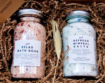 2 x NATURAL BATH SALTS bath set glass jar, mothers day epsom salt & Himalayan aromatherapy lavender bath salt bath gift for her glass jars