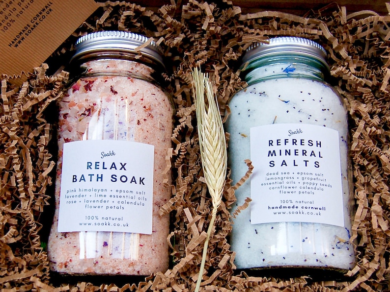 LUXURY BATH SALTS gift set in jar, epsom & Himalayan salt aromatherapy lavender bath salt soak bath set for her in glass jars Christmas gift 