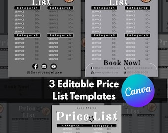 Modello di listino prezzi, foglio prezzi, foglio guida prezzi, modello modificabile Canva, modello per trucco con trecce per parrucche e ciglia, prezzi per saloni di bellezza