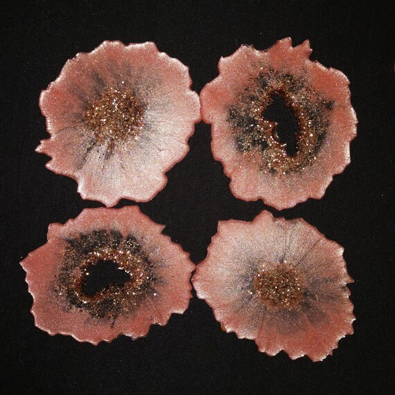 4 Piece Rose Gold Pink Champagne Glitter Agate Geode Slab Slice Set Center Piece Puzzle Style Coaster Set for Home