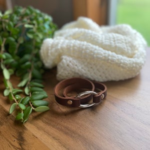 Double Wrap Scarf or Shawl Cuff - Russet Brown Leather, Silver Color Hardware