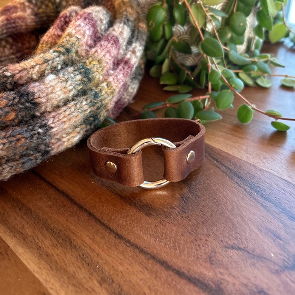 Scarf or Shawl Cuff - Chocolate Brown Leather, Silver Hardware