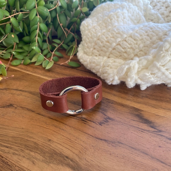 Scarf or Shawl Cuff - Russet Brown Leather, Silver Color Hardware