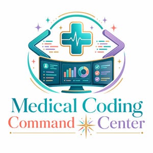 Könnte beinhalten: Ein Logo mit einem türkisfarbenen medizinischen Kreuz mit weißer Herzschlaglinie, flankiert von violetten und türkisfarbenen Programmierklammern. Darunter zeigt ein gebogener Monitor Datencharts und Listen. Der Text Medical Coding Command Center ist zu sehen.