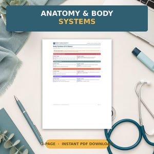 May include: A white document titled Anatomy & Body Systems featuring a table with medical information about body systems, including the integumentary, skeletal, muscular, and nervous systems, with a blue pen and a stethoscope nearby.
