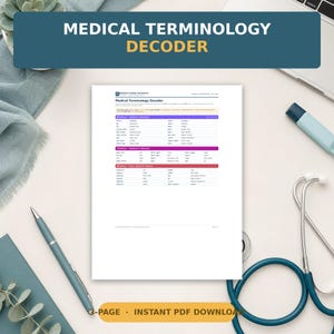 May include: A white document titled Medical Terminology Decoder featuring tables of medical prefixes organized by category, with a blue pen and a stethoscope placed on the sides of the page, and a digital banner at the top.
