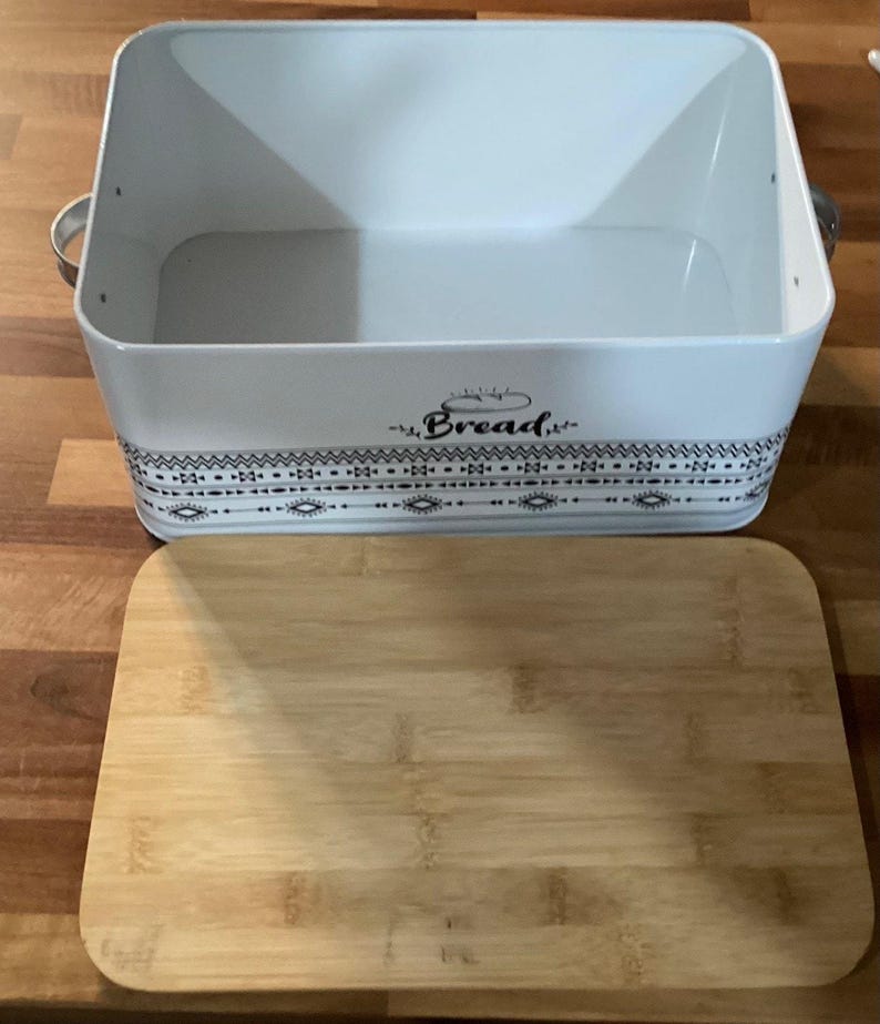 Retro Bread Box White Rectangular Bread Storage Bin w Handles Cutting Board Lid image 8