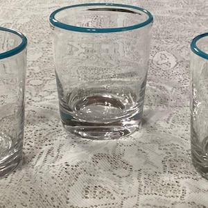 Mexican Hand-Blown Glass Tumbler Glasses Set Of 3 Blue Rims 4”