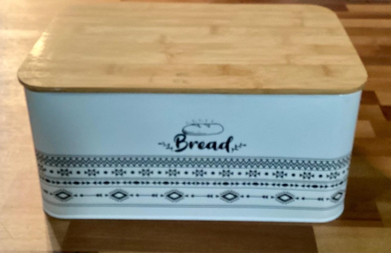 Retro Bread Box White Rectangular Bread Storage Bin w Handles Cutting Board Lid image 1