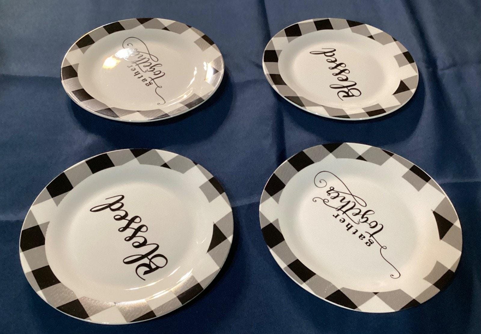 Set of 4 Black/White Plaid Gather Together/Blessed Royal Norfolk Salad Plates 8”