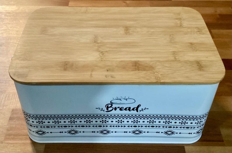 Retro Bread Box White Rectangular Bread Storage Bin w Handles Cutting Board Lid image 2