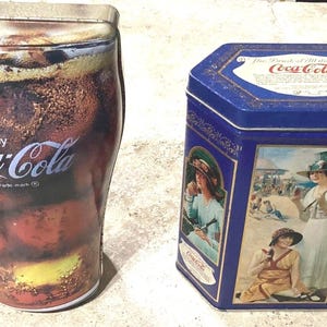 Coca Cola Empty Tins ~ The Drink Of All The Year & 1998 Coke Glass Shaped Tin