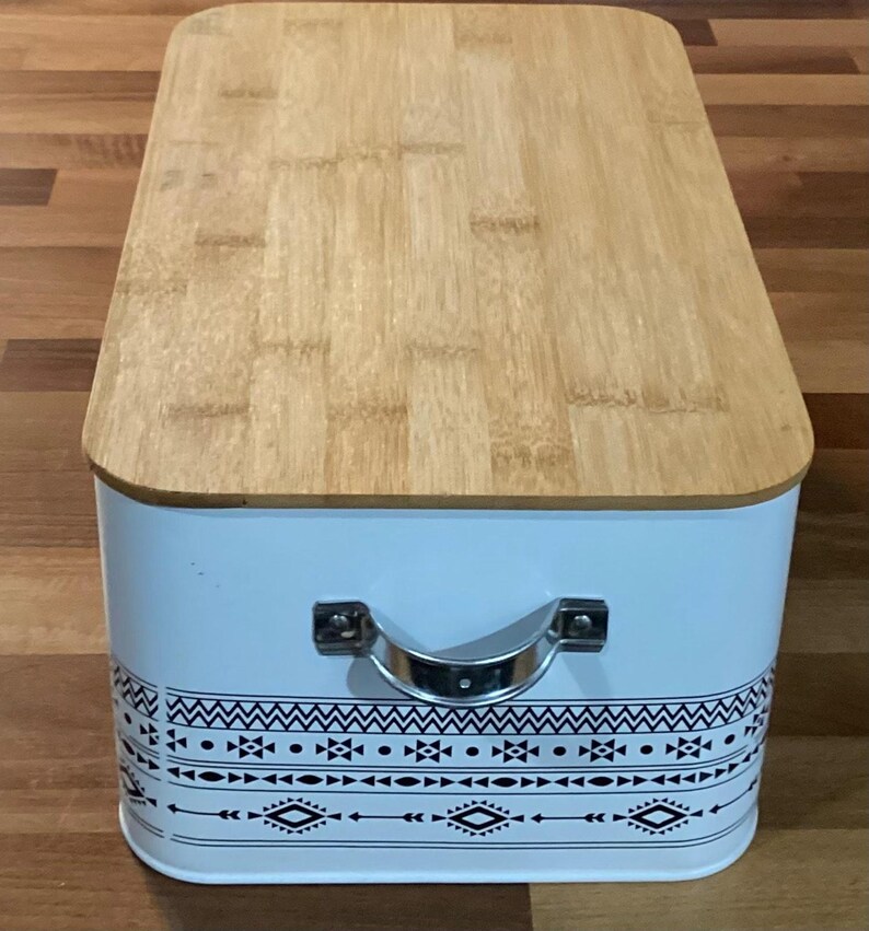 Retro Bread Box White Rectangular Bread Storage Bin w Handles Cutting Board Lid image 7