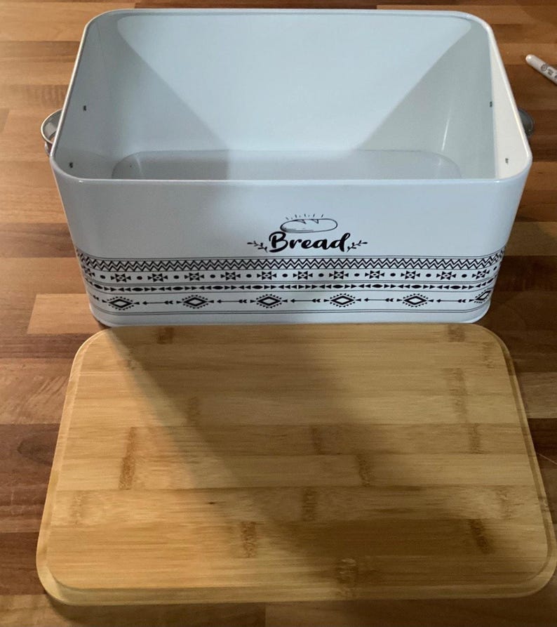 Retro Bread Box White Rectangular Bread Storage Bin w Handles Cutting Board Lid image 10