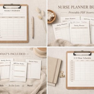 May include: A collection of printable nurse planner inserts, including a weekly overview, daily planner, and 3-12 hour schedule. The bundle features a neutral color palette with a clipboard, pen, and decorative elements.