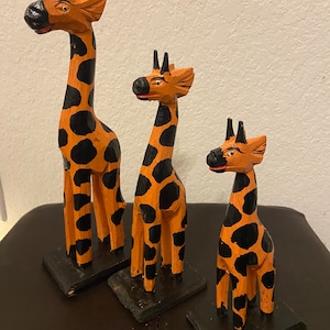 Set of 3, Hand Carved Wooden Giraffe Family Statue Sculpture