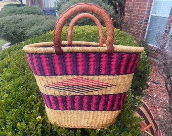 AUTHENTHIC, Large Handmade 17" Wide Ghana BOLGA Market Basket Leather Handle