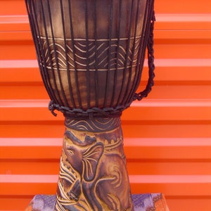 SALE - ELEPHANTS Carving - Handmade 20" Tall Deep Carved Djembe Drum M8 + FREE Head Cover
