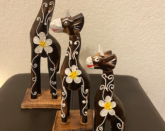 Set of 3, Hand Carved Wooden Giraffe Family Statue Sculpture