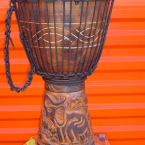 LARGE - ELEPHANT - 24" Tall Deep Carved Djembe Hand Drum M18, FREE Head Cover