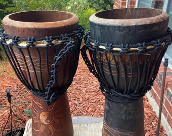 SET of 2,  20" Tall Djembe Drum Mahogany WOOD SHELL, Broken Head Skin