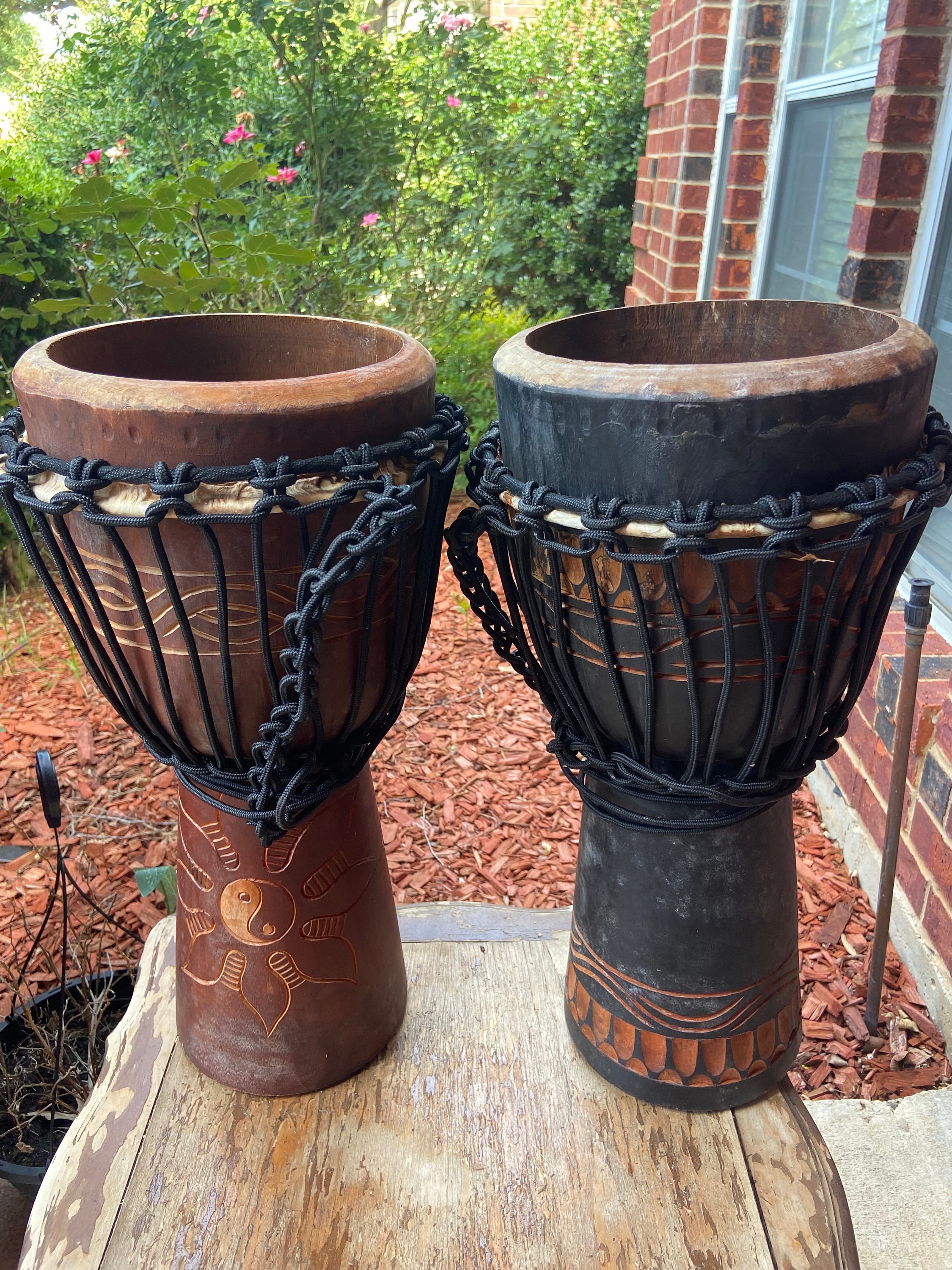 SET of 2,  20" Tall Djembe Drum Mahogany WOOD SHELL, Broken Head Skin