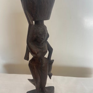 Handcarved Ebony Wood Statue - Balinese Woman Carrying Basket on Her Head
